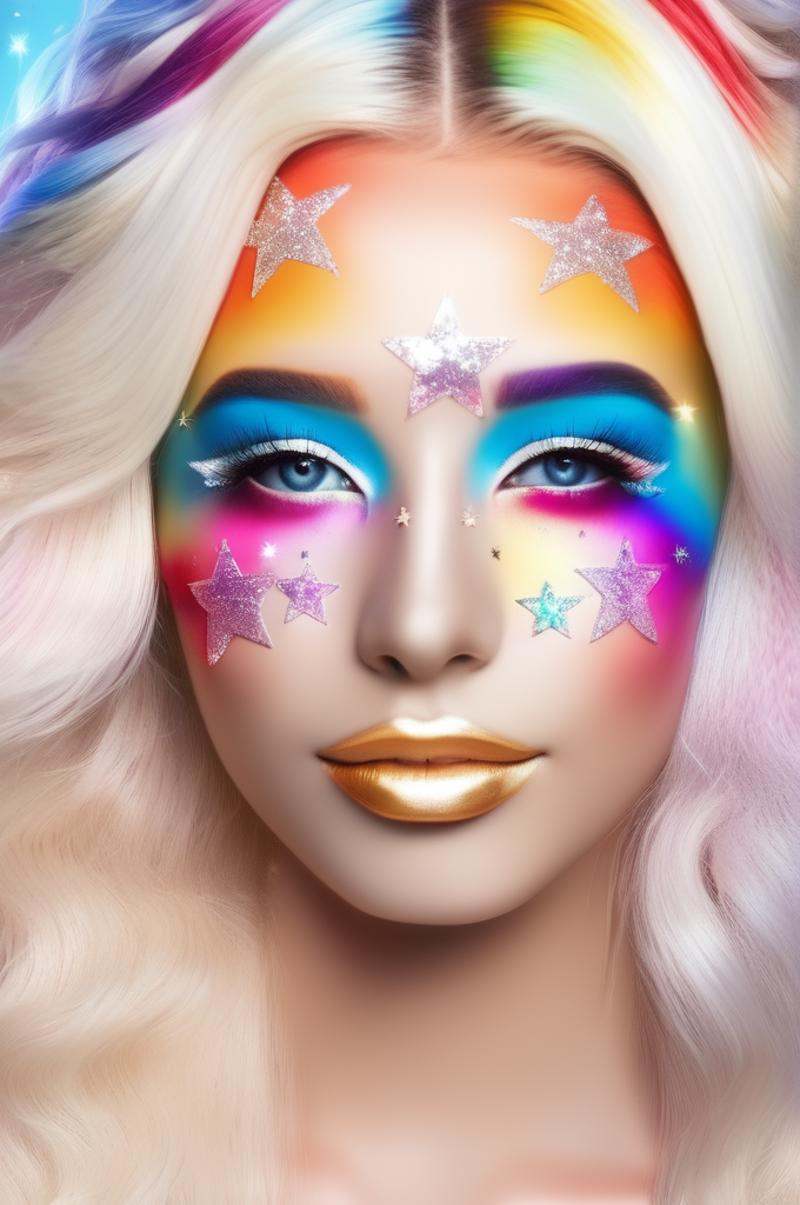 photo of a 20yo woman with blond hair ,  style \(artistic makeup with with colored cheeks and stars and lines\) on Tensor.Art