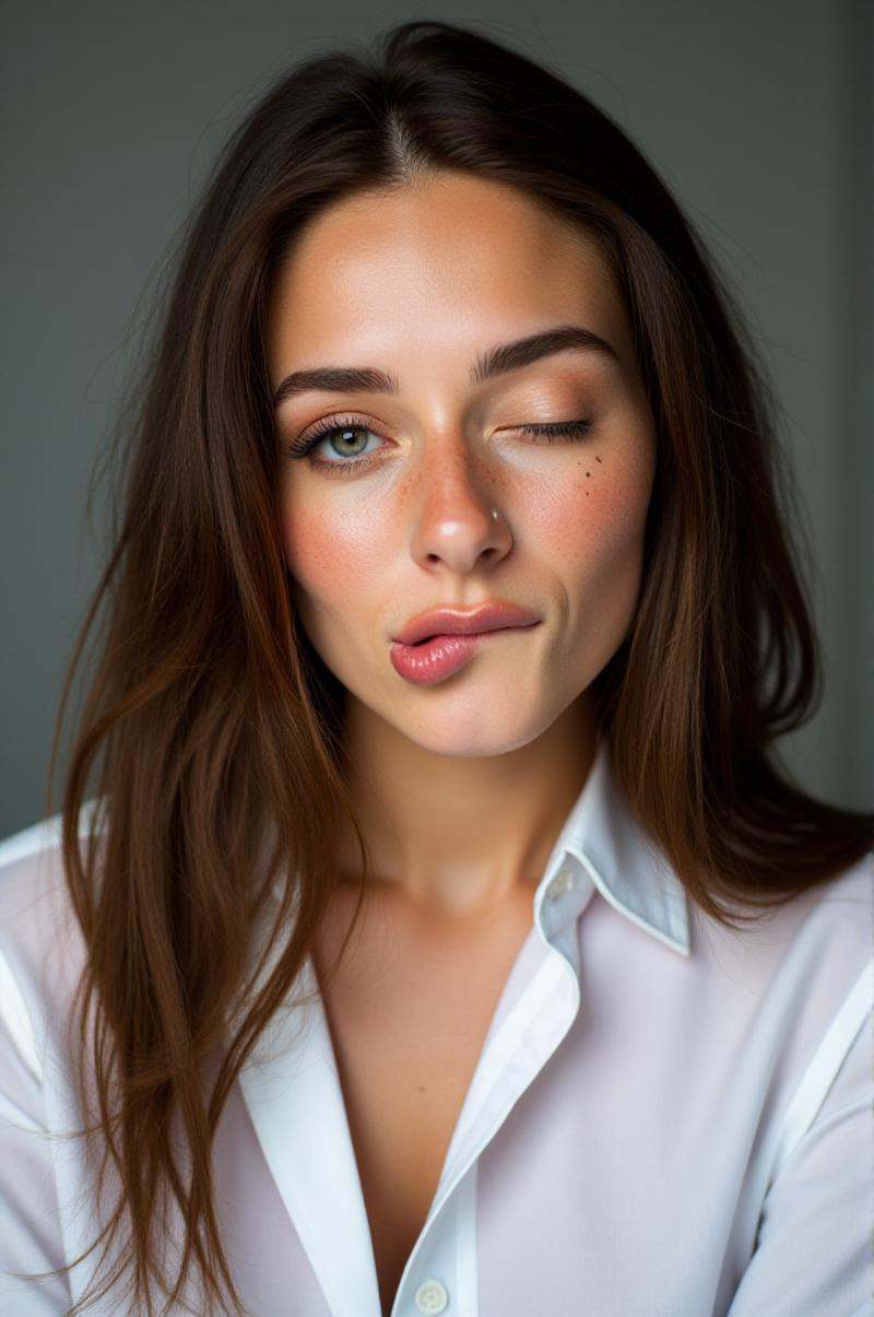 photo of a 20yo Brunette woman wears a shirt,  (biting on own lips) and (winks with one eye at viewer). ,  freckles on Ten...