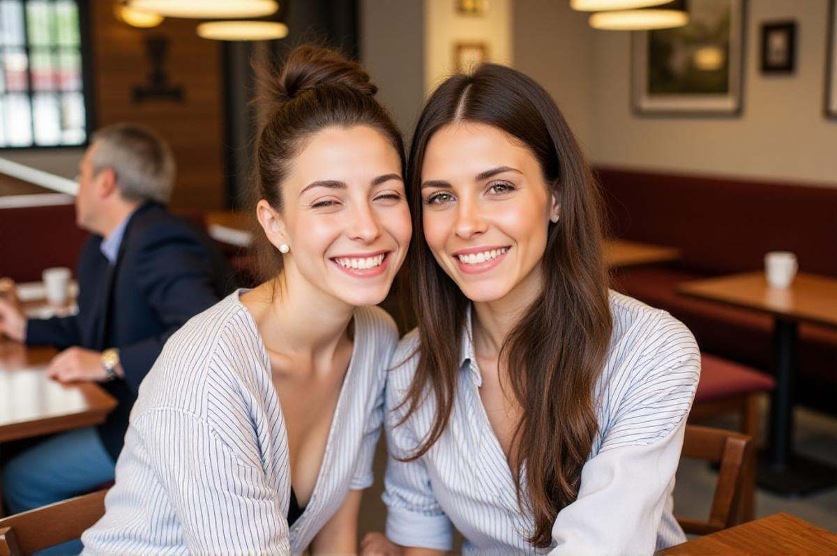photo of two 20yo Brunettes women wearing a shirt,  (winks with one eye at viewer). sitting in a cafe. on Tensor.Art