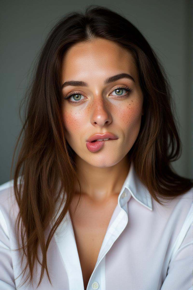photo of a 20yo Brunette woman wears a shirt,  (biting on own lips). ,  freckles on Tensor.Art
