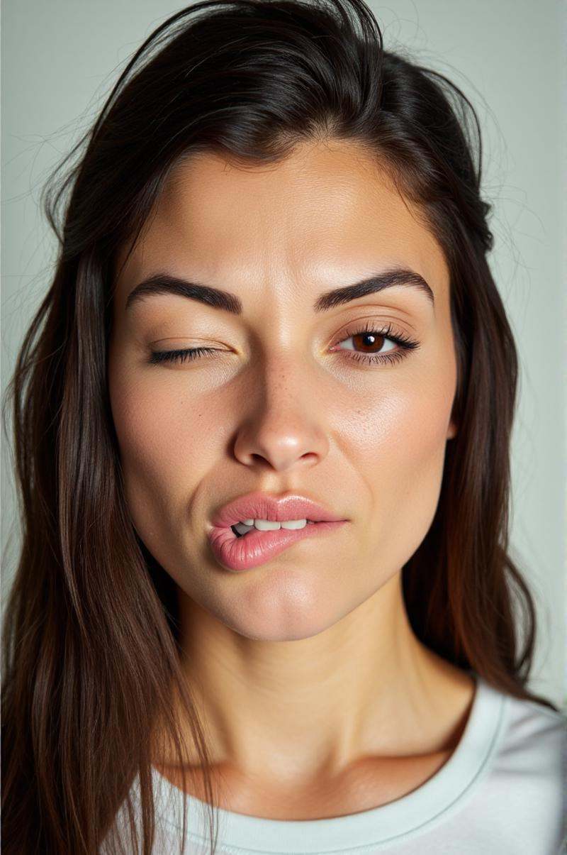 photo of a 20yo Brunette woman wears a shirt,  (biting on own lips) and (winks with one eye at viewer). ,  freckles on Ten...