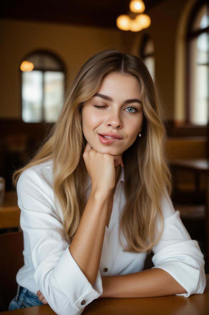 upper body photo of a 20yo woman wearing a shirt,  stiiign in a cafe ,  (winks with one eye at viewer) and (biting on own...