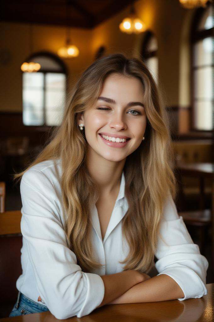 upper body photo of a 20yo woman wearing a shirt,  stiiign in a cafe ,  (winks with one eye at viewer) on Tensor.Art
