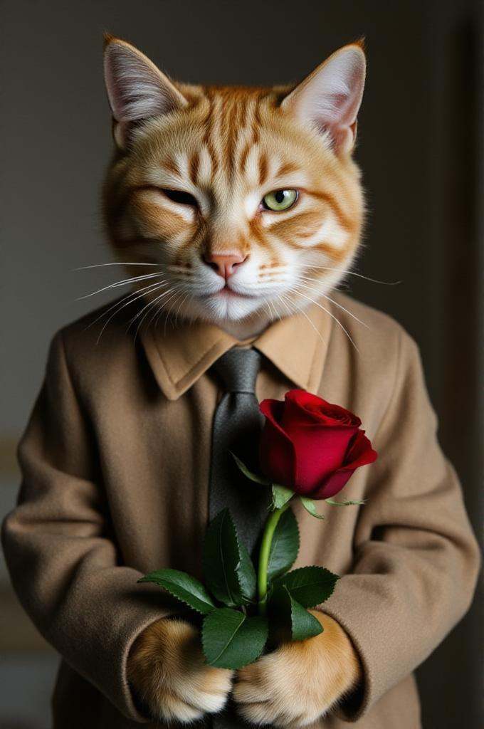 upper body photo of a cat wearing a shirt,  holding a rose ,  (winks with one eye at viewer) on Tensor.Art