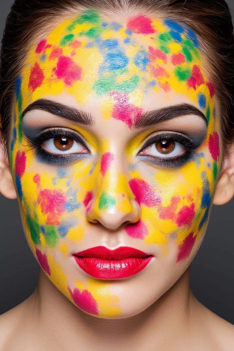Photo of a woman's face with vibrant,  colorful abstract makeup art. Bright,  swirling patterns in yellow on Tensor.Art