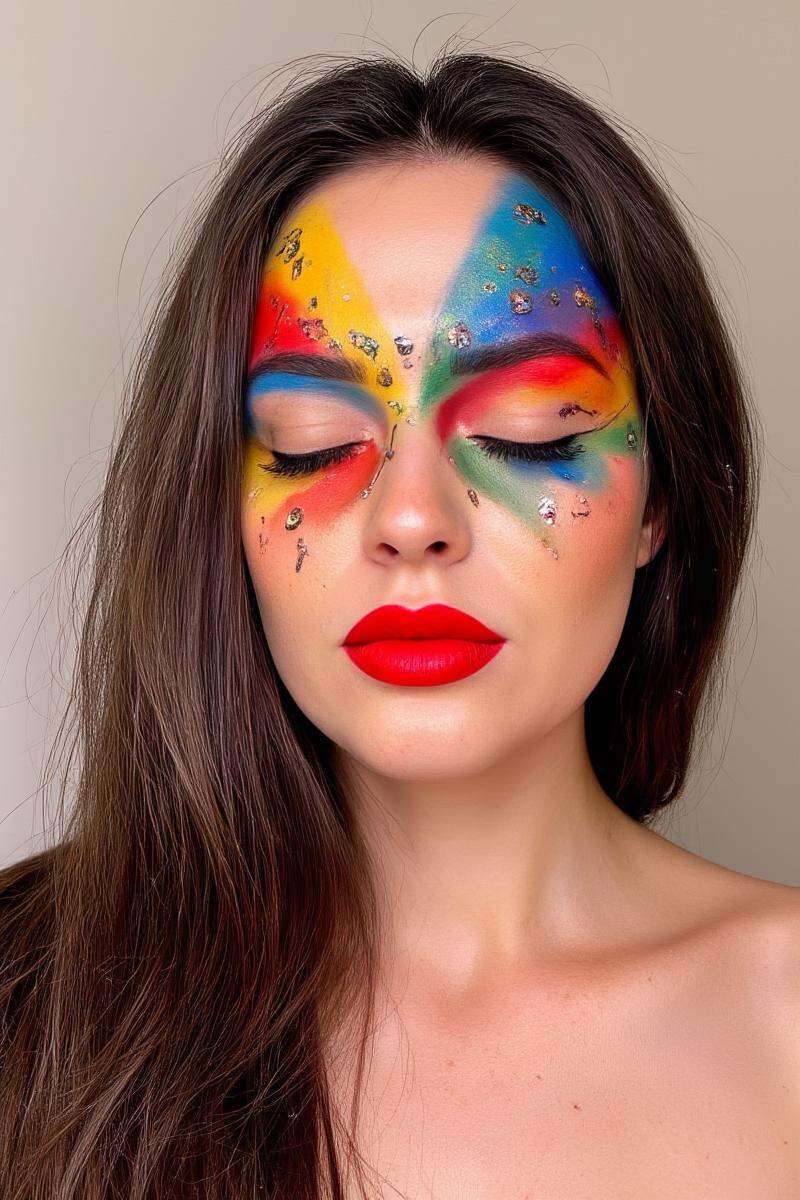 Photo of a woman's with vibrant makeup,  bright red lips,  colorful abstract face paint on Tensor.Art