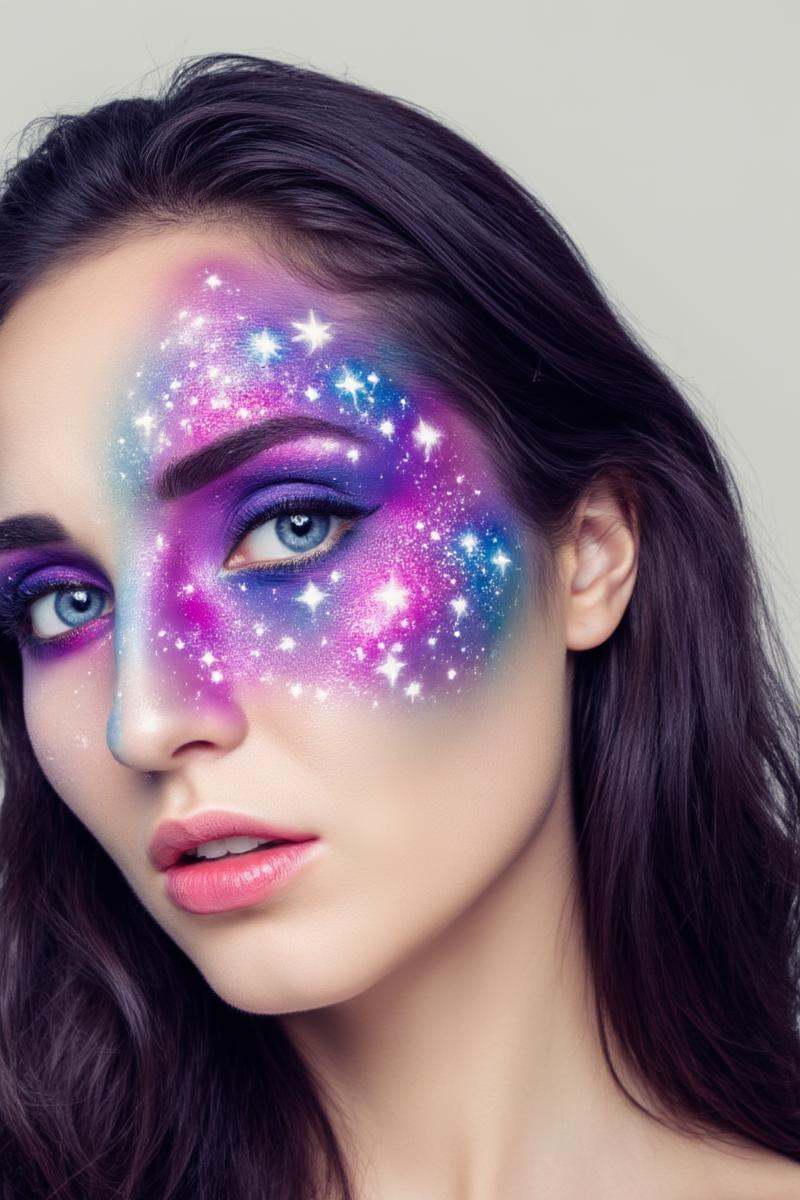 photo of a woman with a very soft,  even face,  wearing dramatic makeup with a galaxy theme. Her skin is adorned with a vi...
