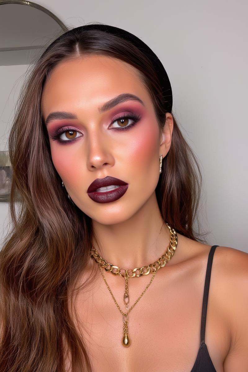 Photo of a woman with a soft,  even face,  wearing heavy makeup with dark eye shadow on Tensor.Art