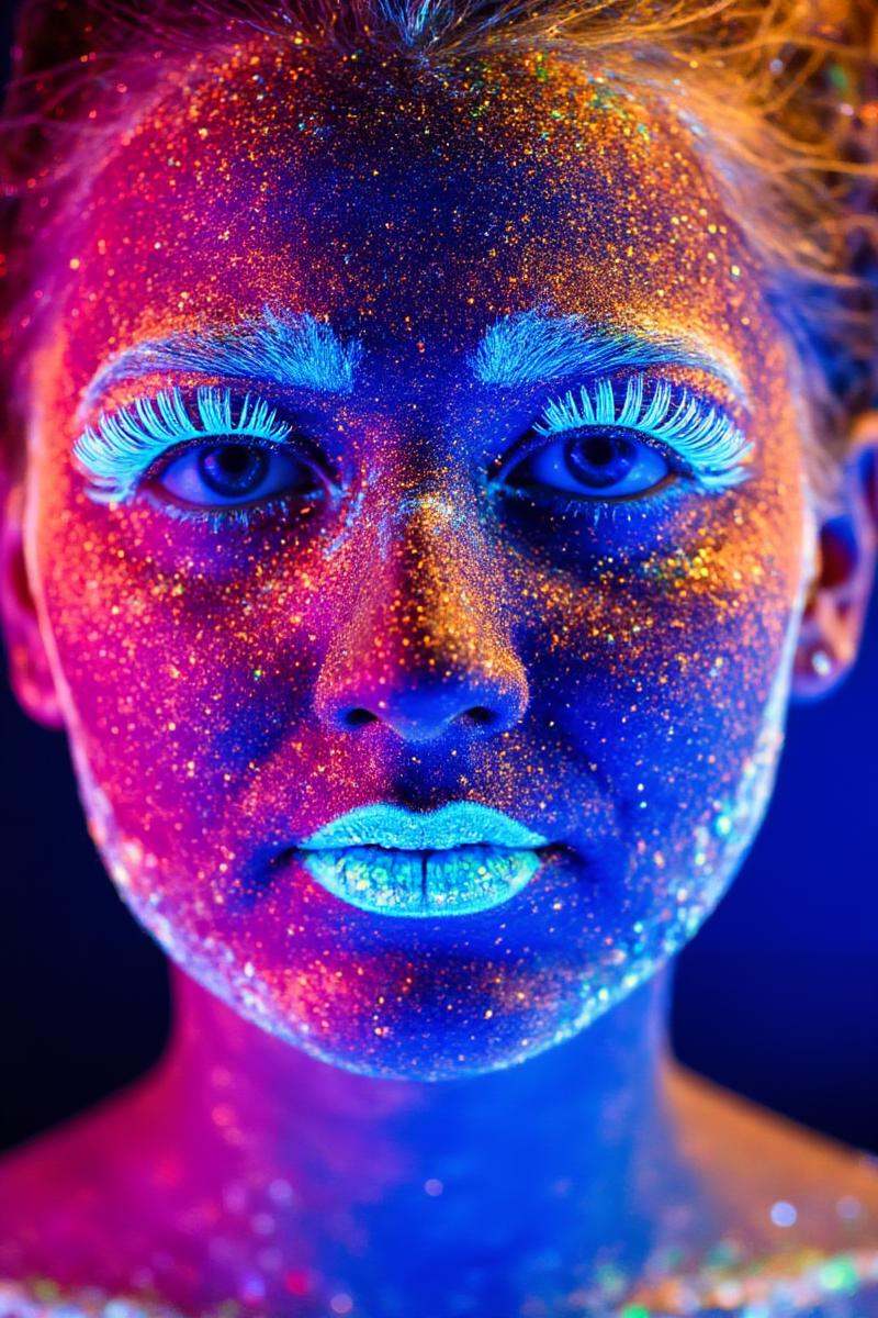 A photograph of a woman's luminescent face with vibrant,  glowing makeup. Her skin is covered in bright orange,  red on Te...