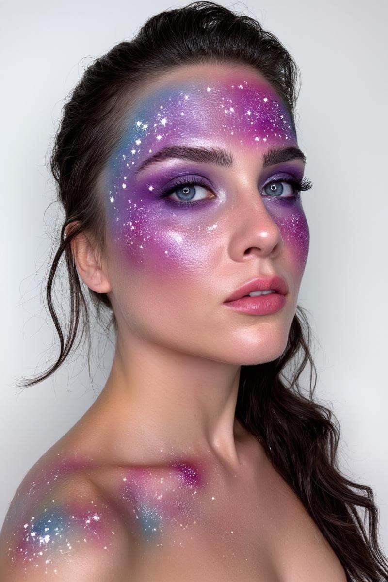 photo of a woman with a very soft,  even face,  wearing dramatic makeup with a galaxy theme. Her skin is adorned with a vi...