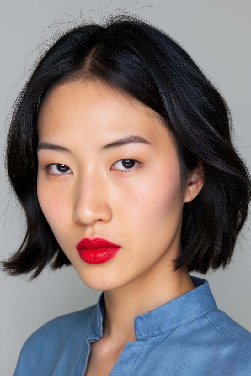 A high-quality photograph of a asian woman's face,  focusing on her striking features. She has smooth,  flawless skin with...