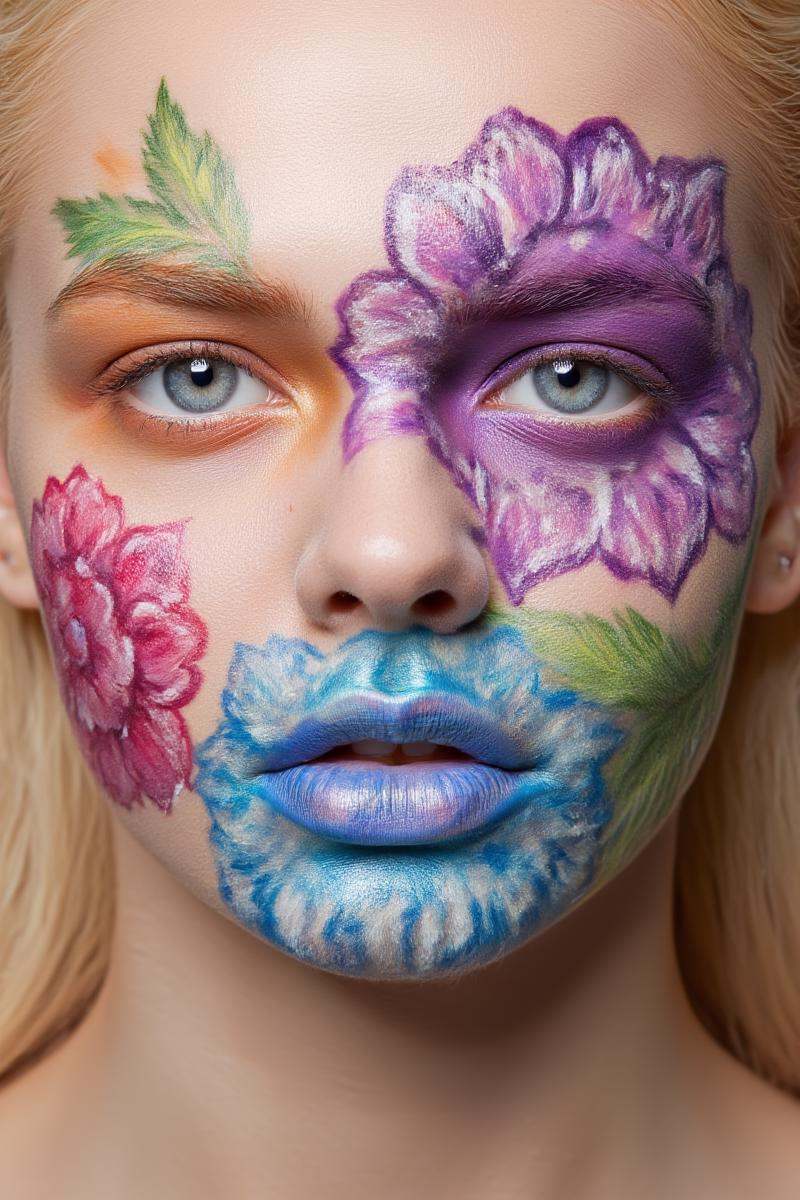 A photo of a blond haired woman's face with vibrant,  detailed makeup featuring large,  colorful flowers on her cheeks and...