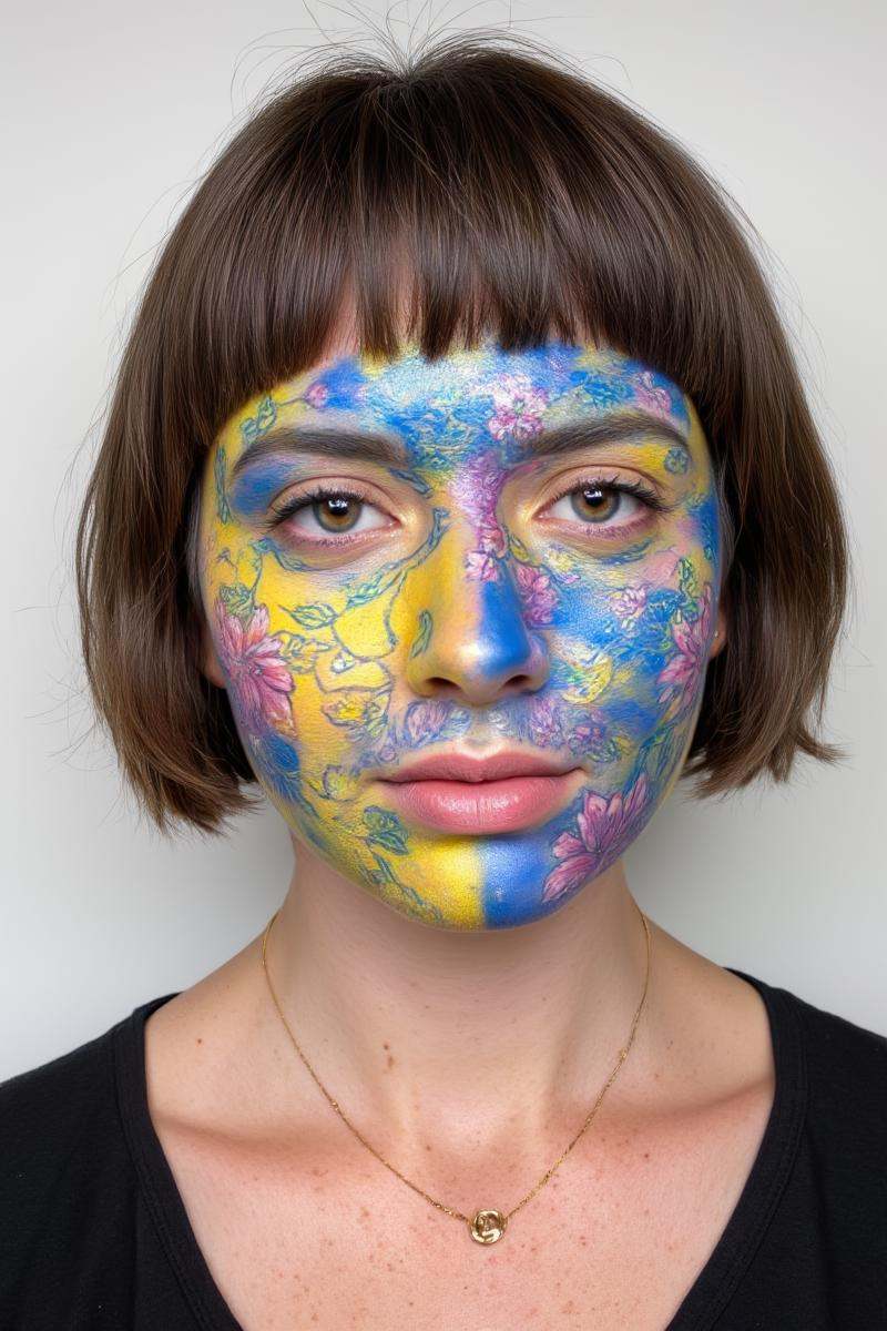 Photo of a woman with a short bob haircut,  wearing bright makeup with a mix of blue,  yellow on Tensor.Art