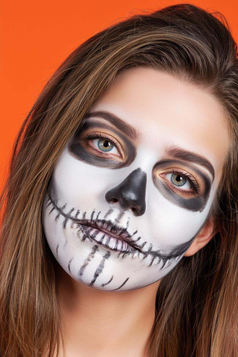 Photo of a woman with a skull face painted on,  using black and white makeup,  with a bright orange background. Her skin i...