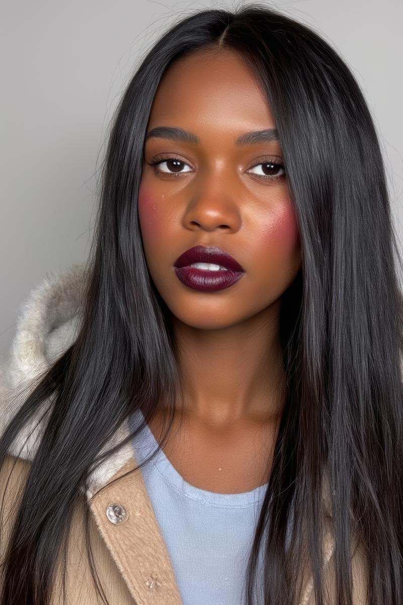 photo of a young woman with medium brown skin tone,  wearing a brown and white fur coat,  long straight black hair on Tens...