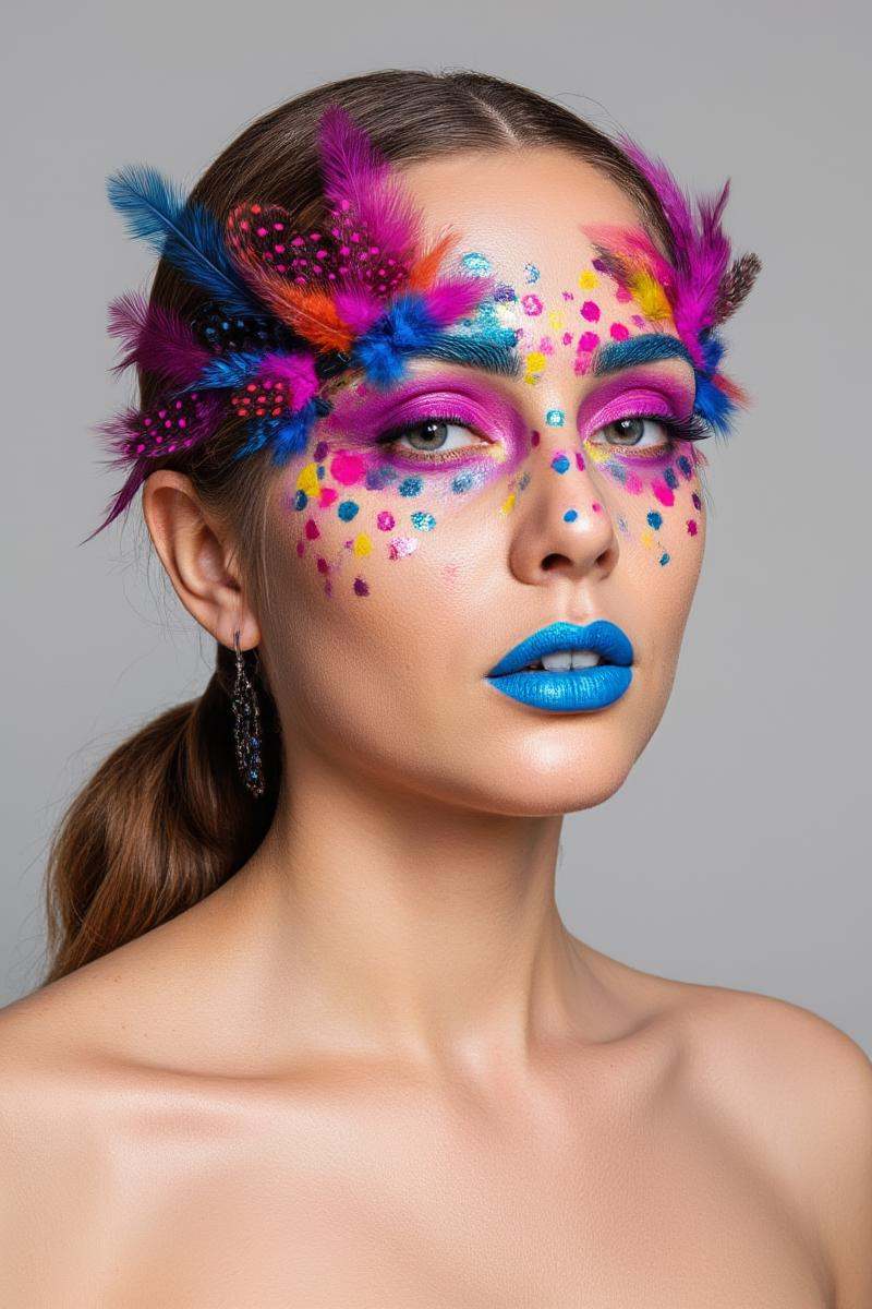photo of a woman with a soft,  even face,  wearing vibrant makeup with a multicolored pattern on her face. She has bright...