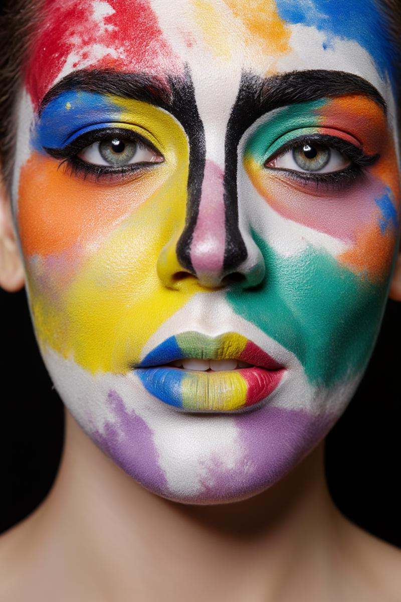 Photograph of a woman's face with vibrant,  colorful makeup. The makeup features bold,  black and white lines and a mix of...