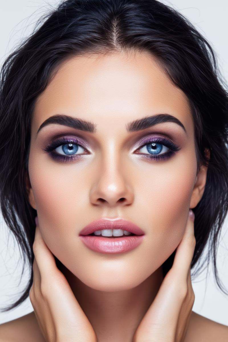 a photograph of a woman's with flawless,  even skin and minimal pores. Her skin tone is light with a slight pinkish hue. S...