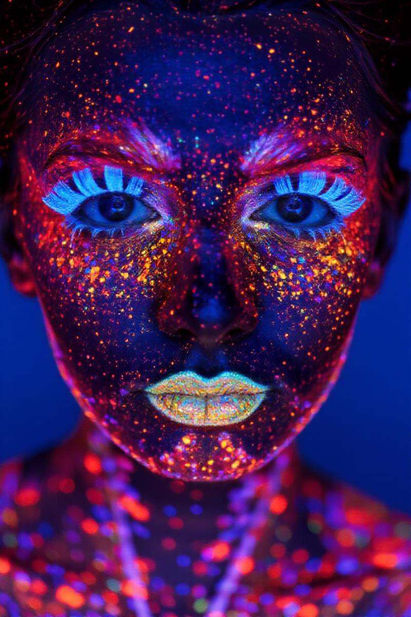 A photograph of a woman's luminescent face with vibrant,  glowing makeup. Her skin is covered in bright orange,  red on Te...