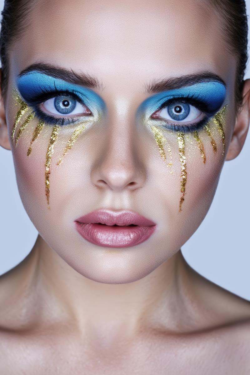 Photo of a woman's face with dramatic makeup,  blue eyes,  and a neutral expression. She has a light skin tone with a slig...