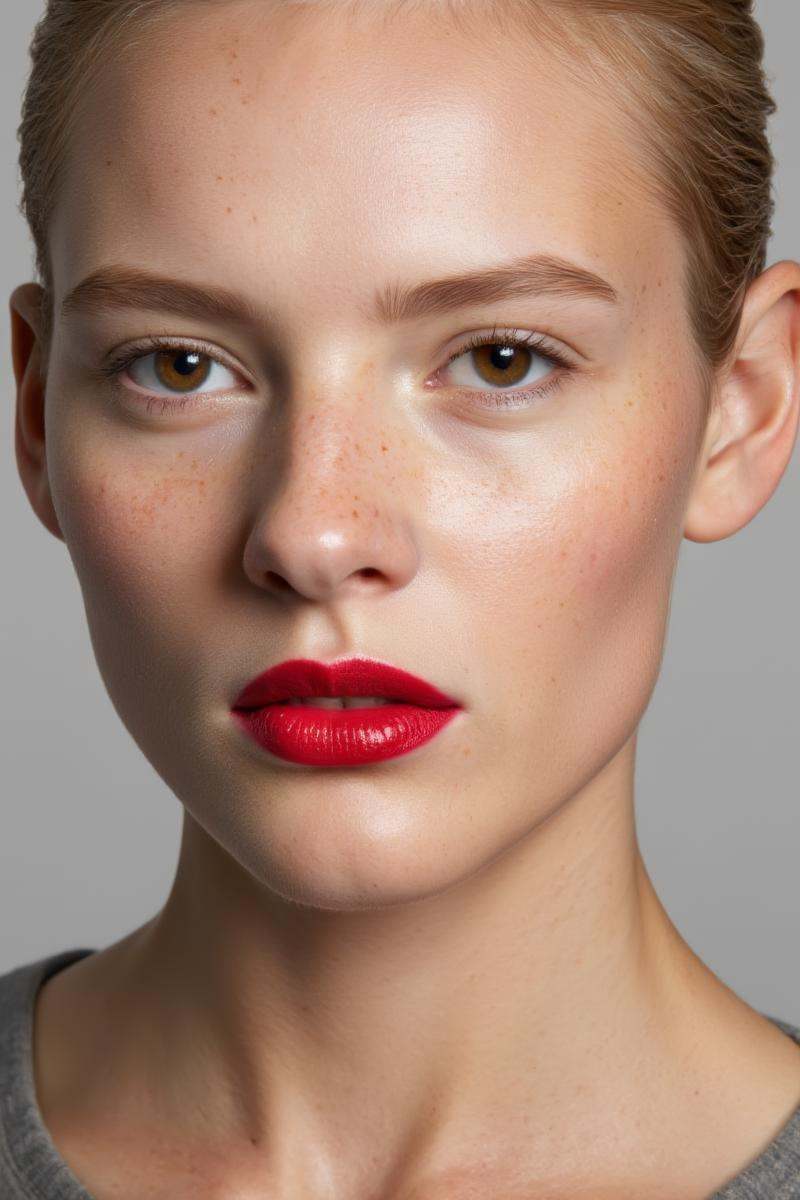 Photograph of a woman's face,  close-up,  with a neutral expression. She has fair skin with freckles. Her eyes are brown o...