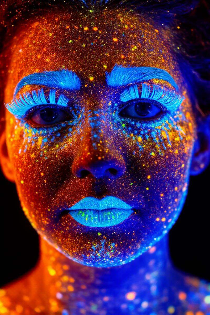 A photograph of a woman's luminescent face with vibrant,  glowing makeup. Her skin is covered in bright orange,  red on Te...