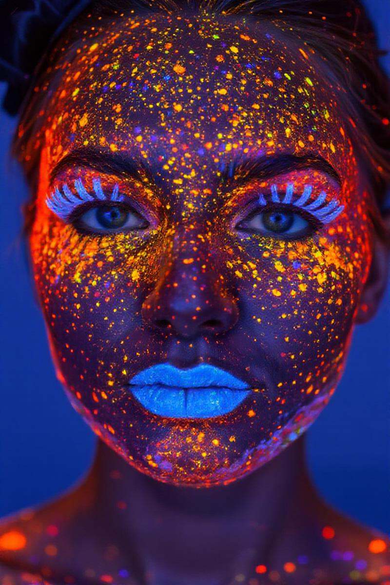 A photograph of a woman's luminescent face with vibrant,  glowing makeup. Her skin is covered in bright orange,  red on Te...
