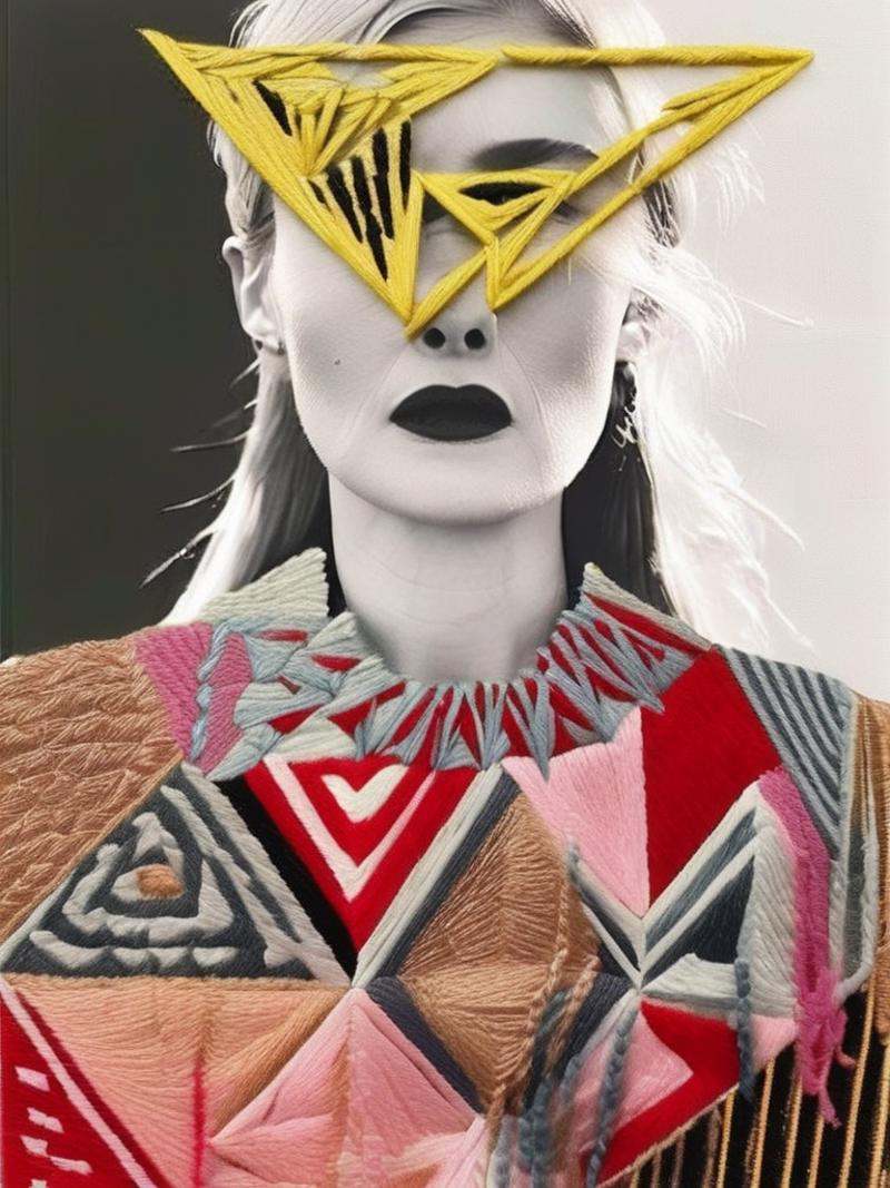 Chanel fashion editorial style of a a woman with a triangle and a sun in the background with a black triangle and a red ci...