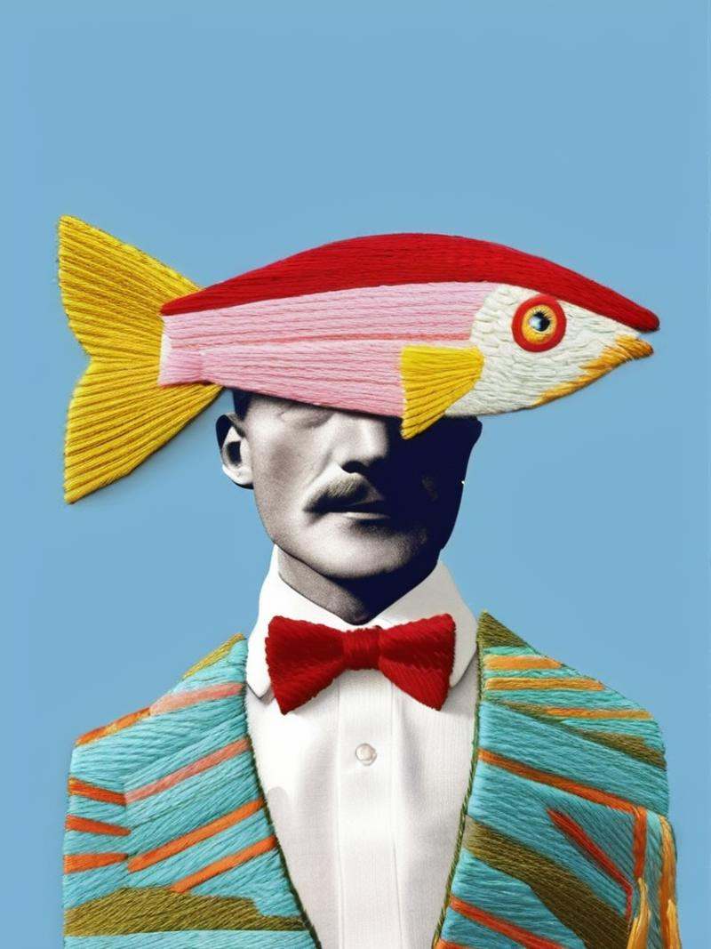 gucci fashion editorial style of a a fish wearing a hat and a suit with a tie and a bow tie on it's head and eyes on a blu...