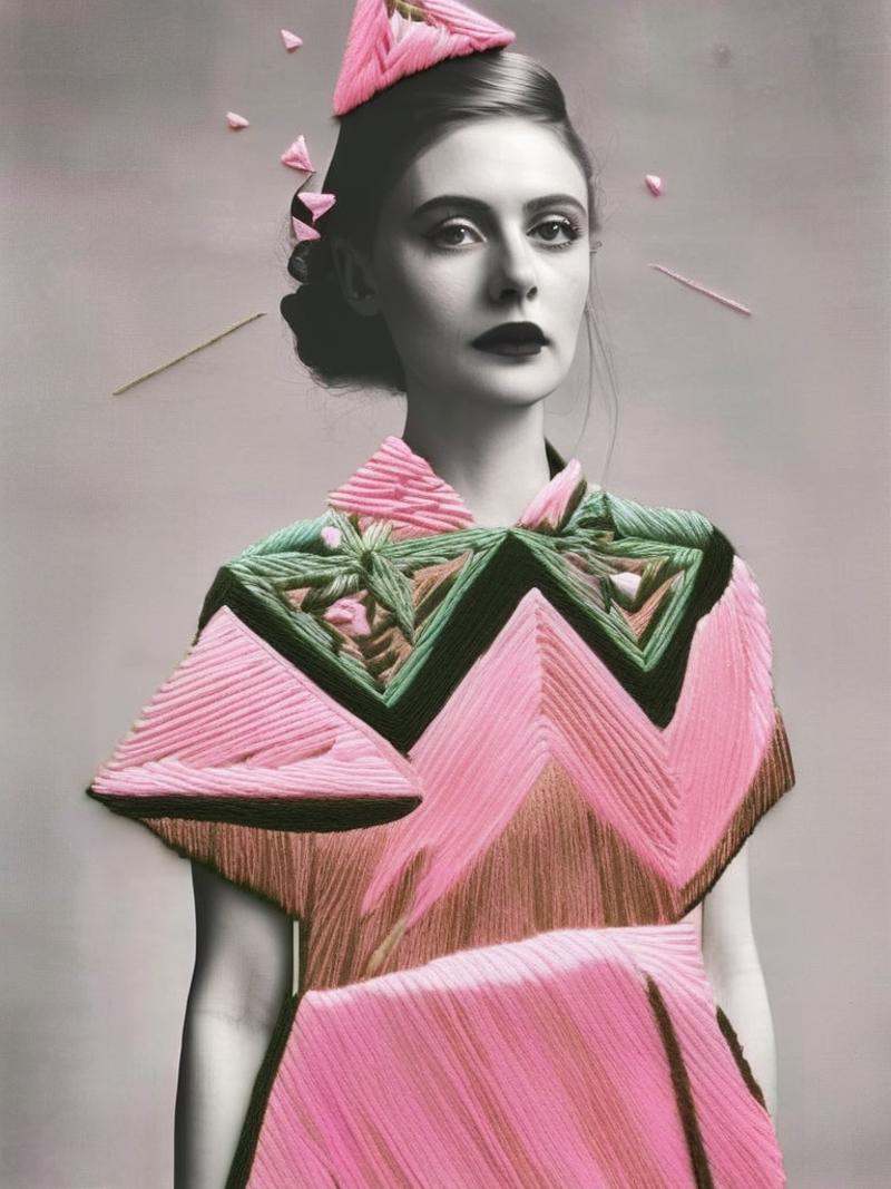 Chanel fashion editorial style of a a woman in a pink dress with a triangle over her head and planets in the background ,...