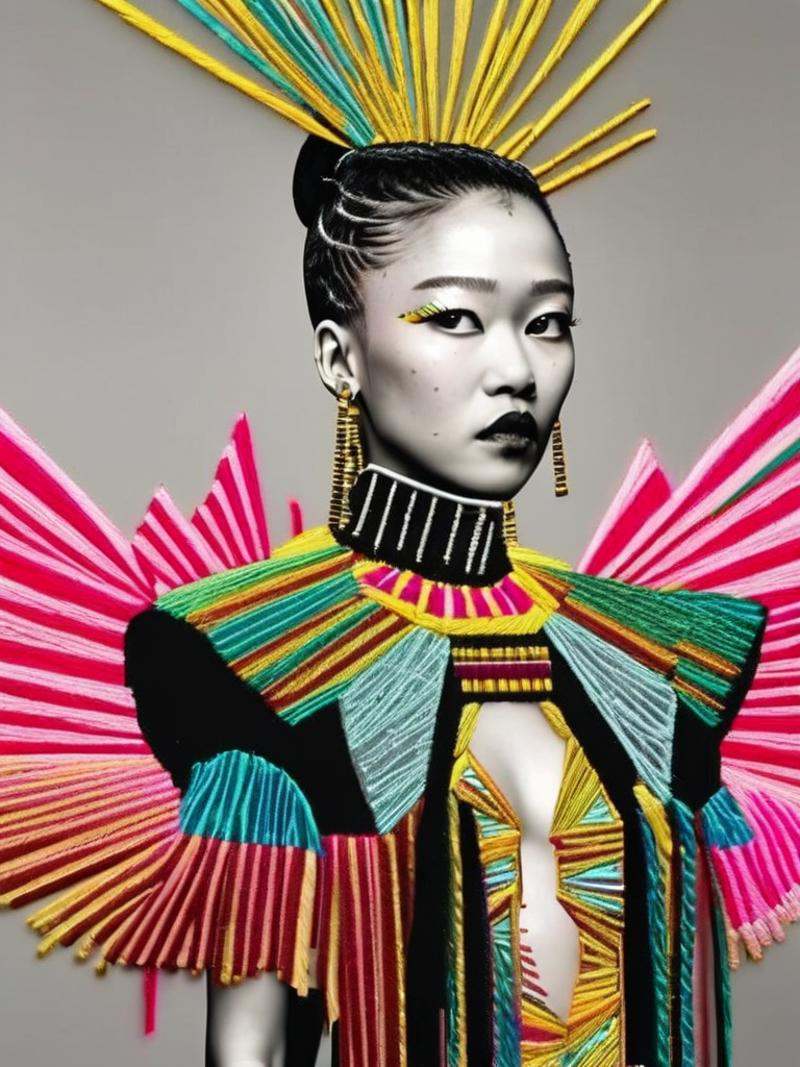 A data-driven divinity emerges as a cyberpunk icon,  her ensemble a future-forward masterpiece that embodies glitched eleg...
