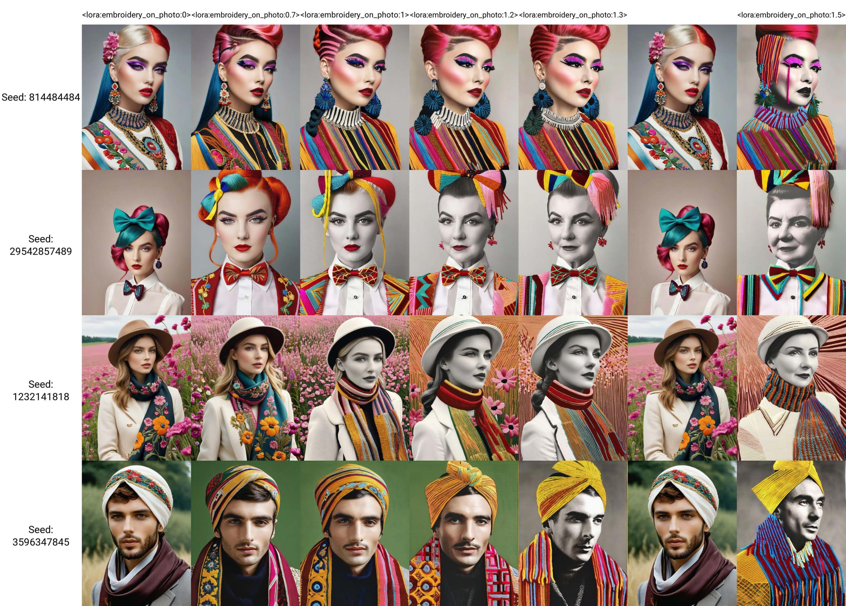 fashion editorial style of a a woman with colorful hair and makeup ,  embroidery_on_photo : 1.4 on Tensor.Art