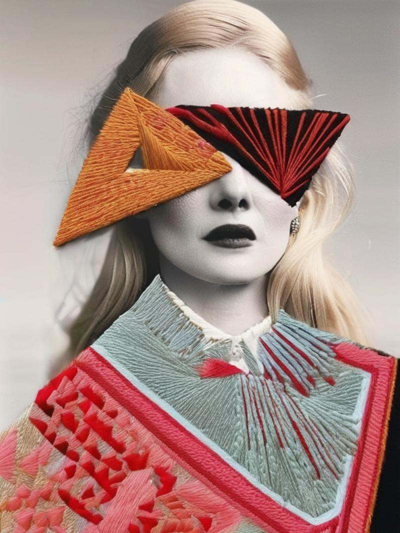 Chanel fashion editorial style of a a woman with a triangle and a sun in the background with a black triangle and a red ci...