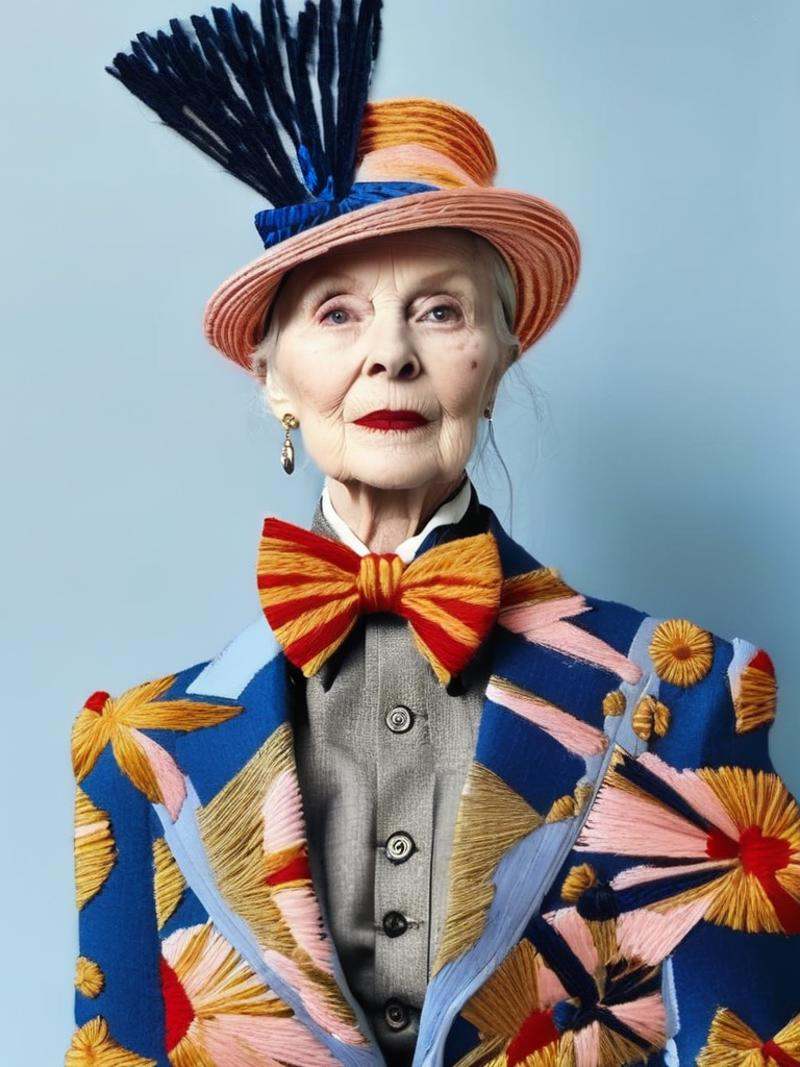 Vivienne Westwood fashion editorial style of a a fish wearing a suit and a hat with a bow tie and a bowtie on it's head an...