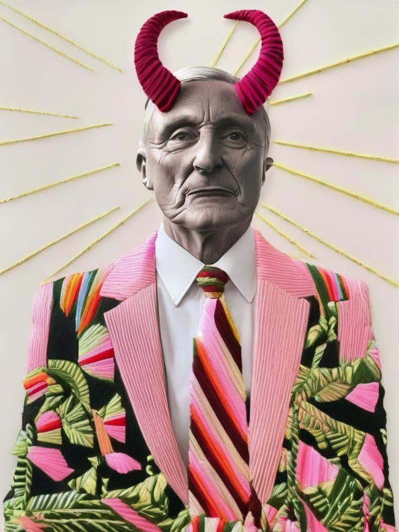 gucci fashion editorial style of a a man with a weird face and a suit jacket and tie with horns on his head and a tie arou...