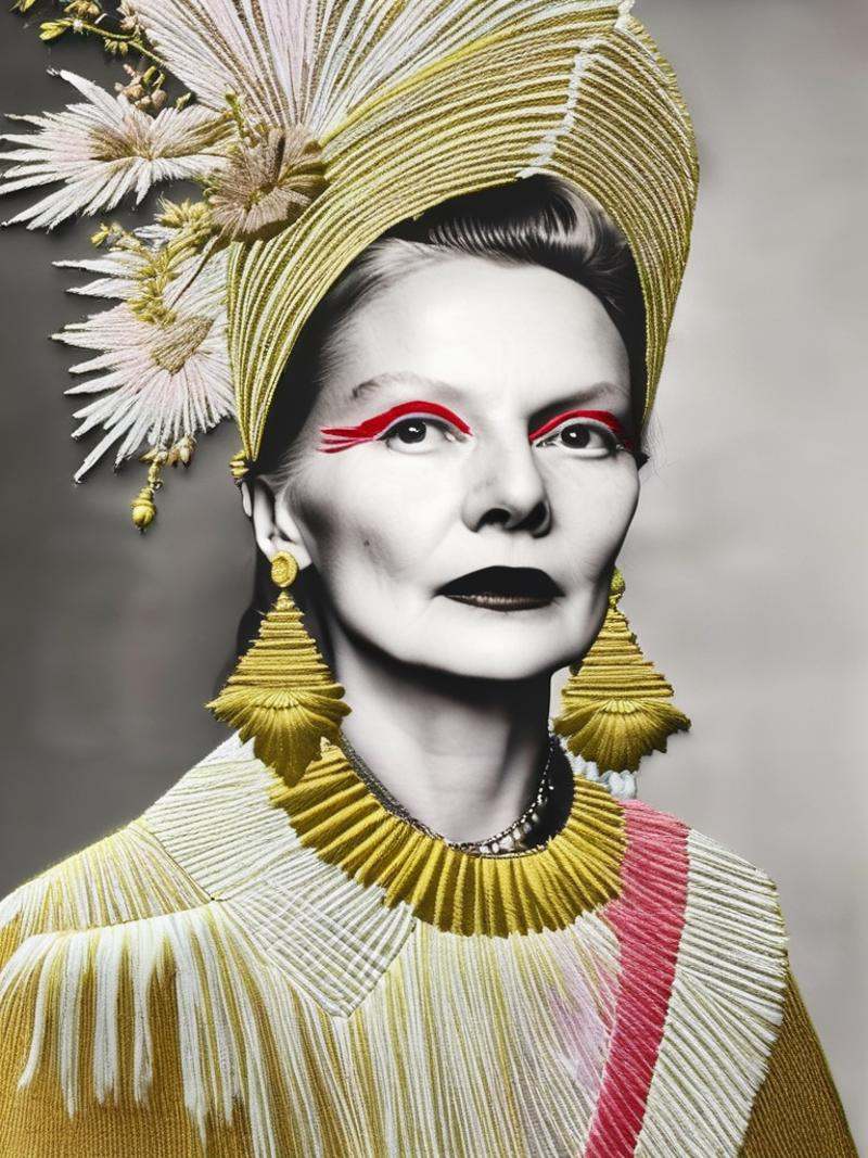 Vivienne Westwood fashion editorial style of a a woman with a headdress and jewelry ,  embroidery_on_photo : 1.4 ,  pale s...