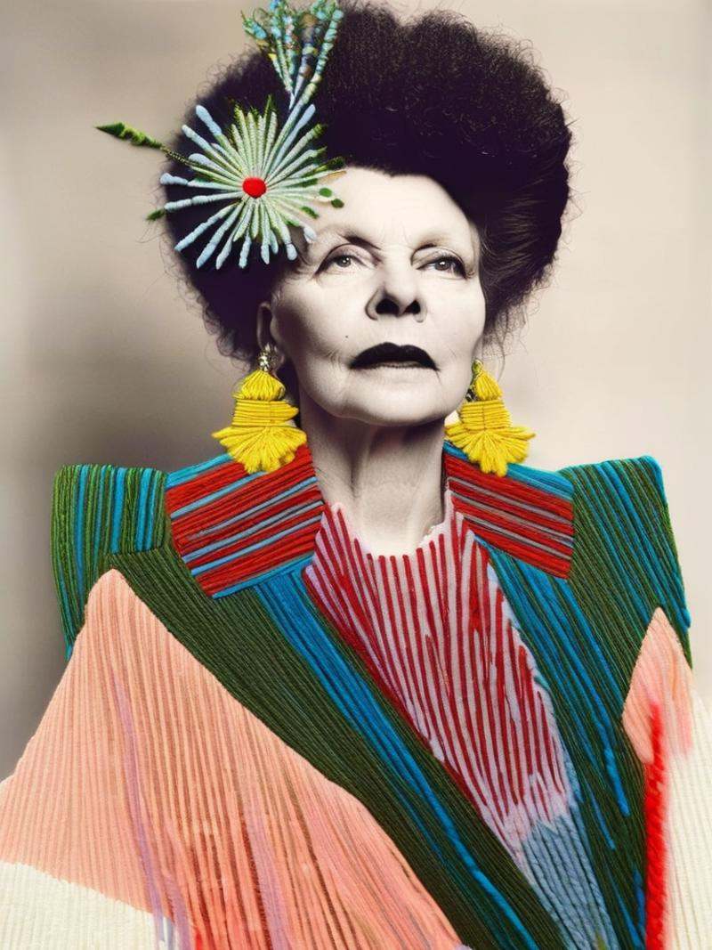 Vivienne Westwood fashion editorial style of a a woman with a very large afro hair ,  embroidery_on_photo : 1.4 ,  pale sk...