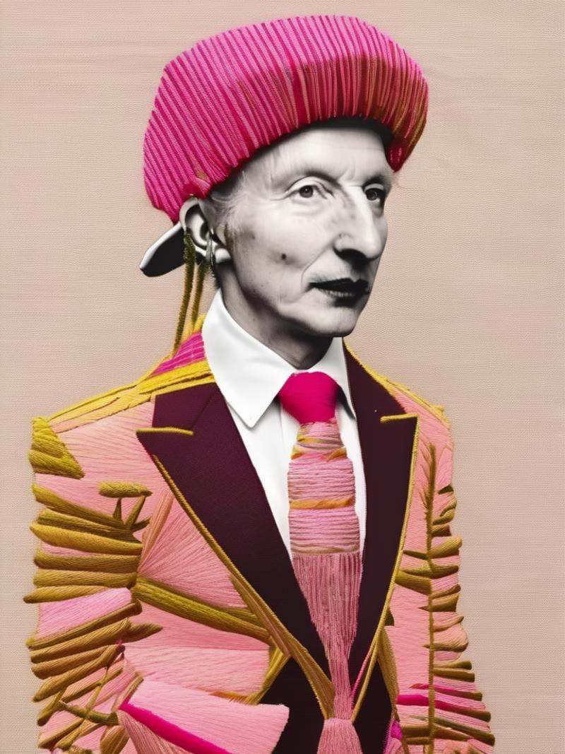 Vivienne Westwood fashion editorial style of a a sheep wearing a suit and tie with a pink jacket and tie on it's head and...