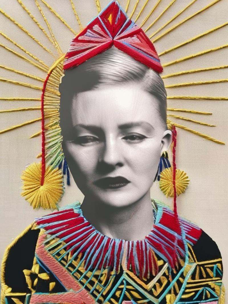 Chanel fashion editorial style of a a woman with a geometric headpiece on her head and a necklace on her neck ,  embroider...