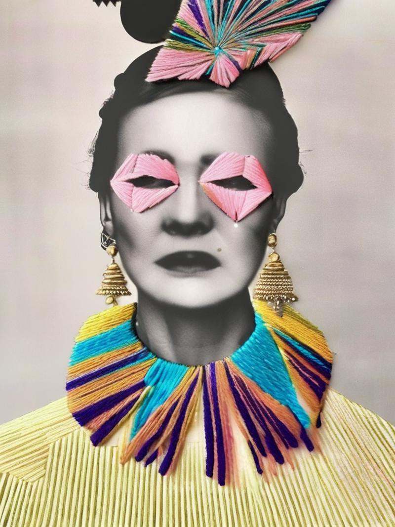 Chanel fashion editorial style of a a woman with a geometric headpiece on her head and a necklace on her neck ,  embroider...
