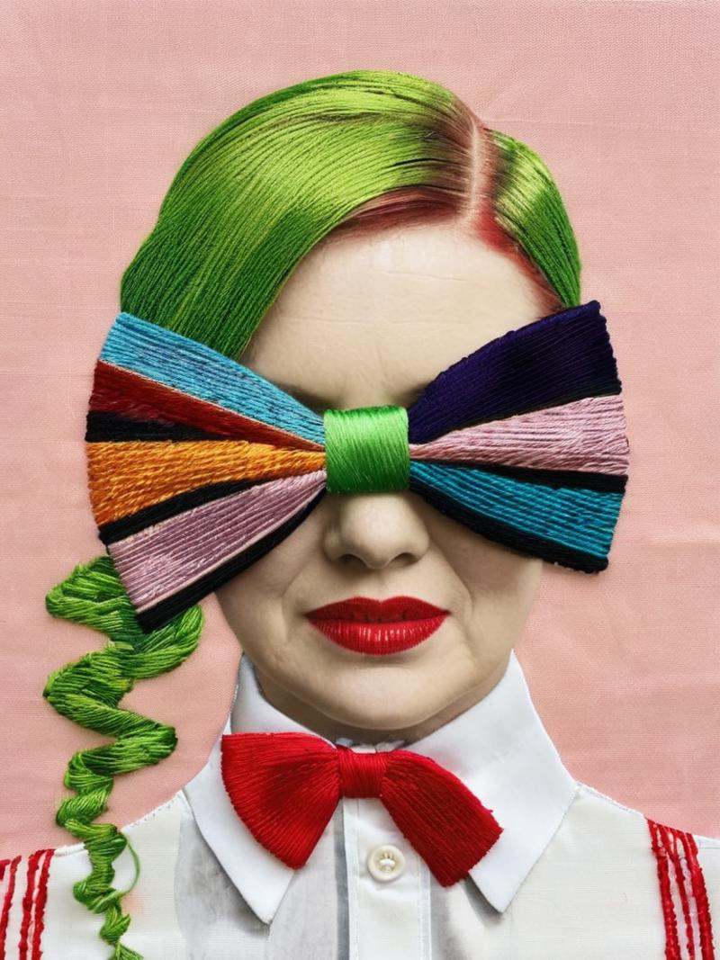a woman with colorful hair and a bow tie ,  embroidery_on_photo on Tensor.Art