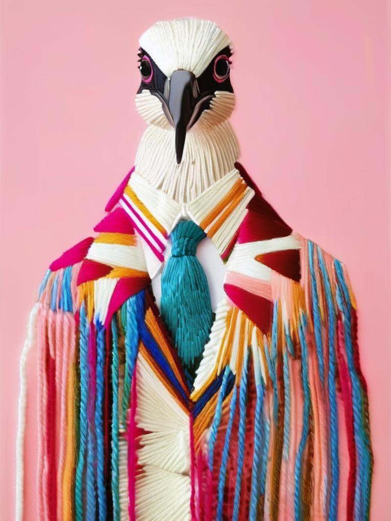 gucci fashion editorial style of a a bird with a colorful head and a tie on a pink background with a pink background and a...