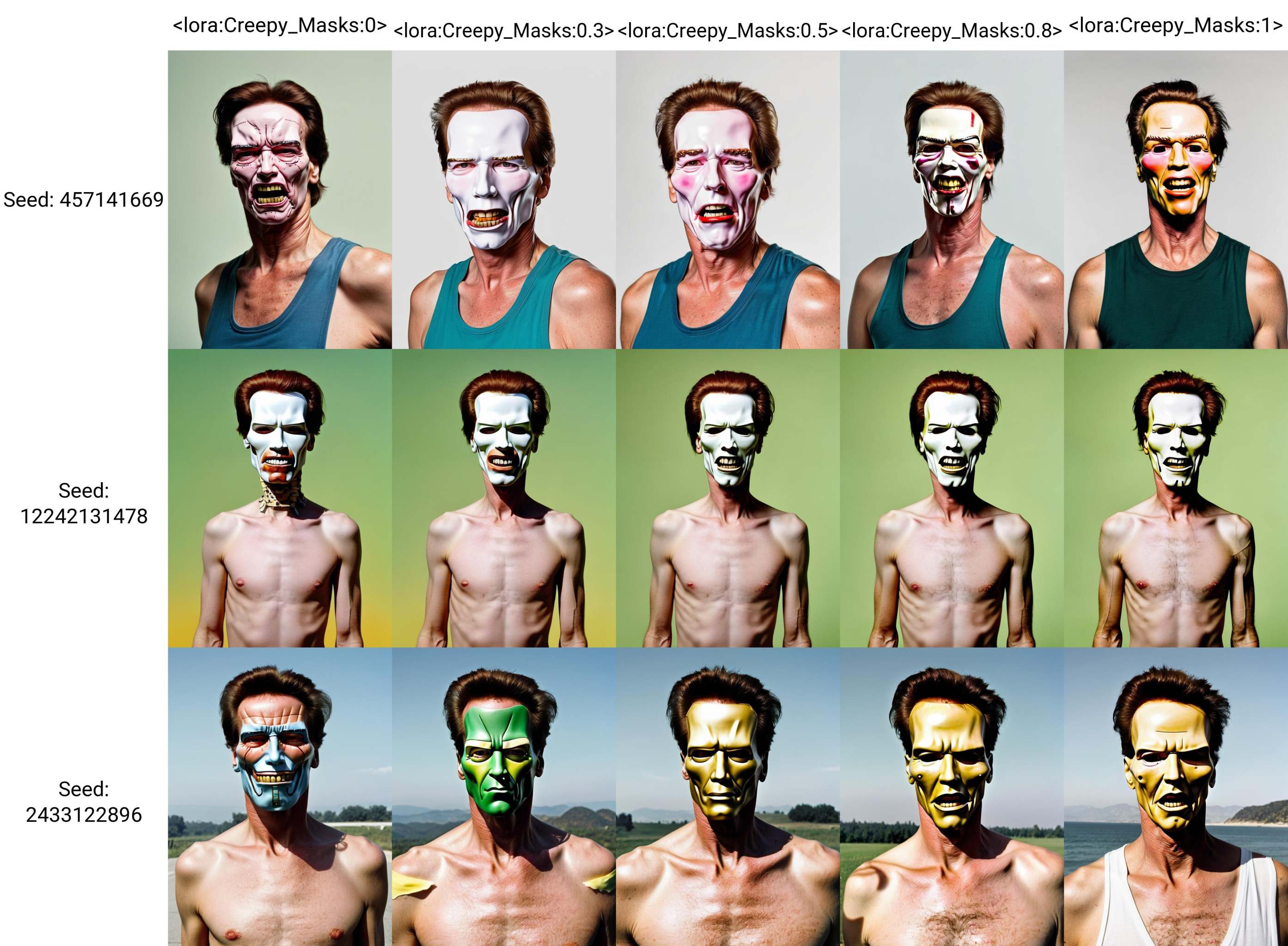 portrait of a skinny person with a Arnold schwarzenegger's mask on Tensor.Art