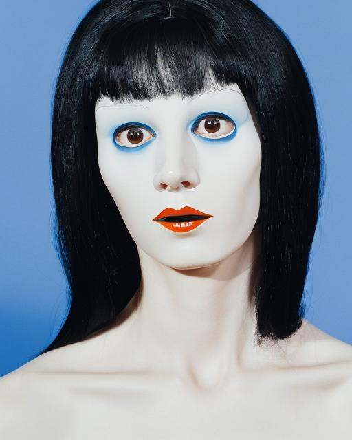 a woman with long black hair and a blue background is looking at the camera with a serious look on her face,  Daphne Allen...