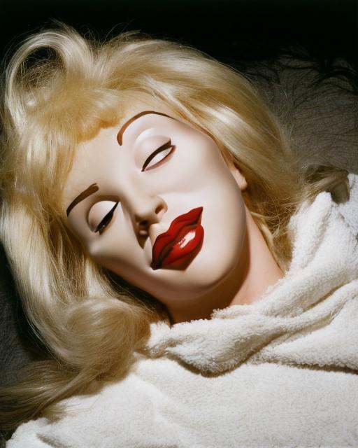 a woman laying on a bed with her head on the pillow and her eyes closed and her hair blowing in the wind,  Cindy Sherman,...