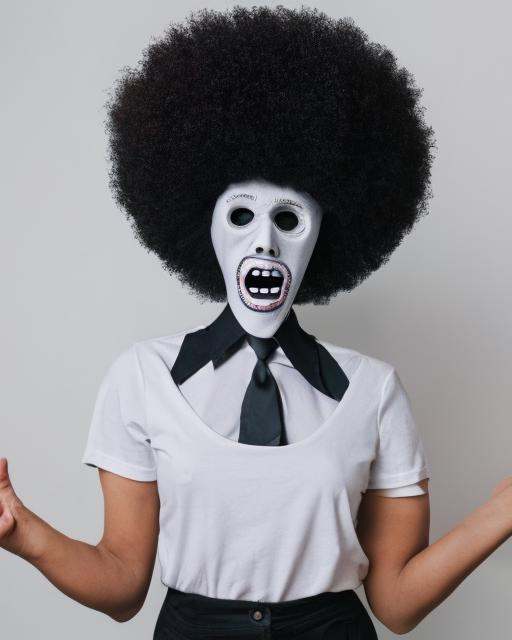 a woman with a big afro wearing a shirt Creepy_mask on Tensor.Art