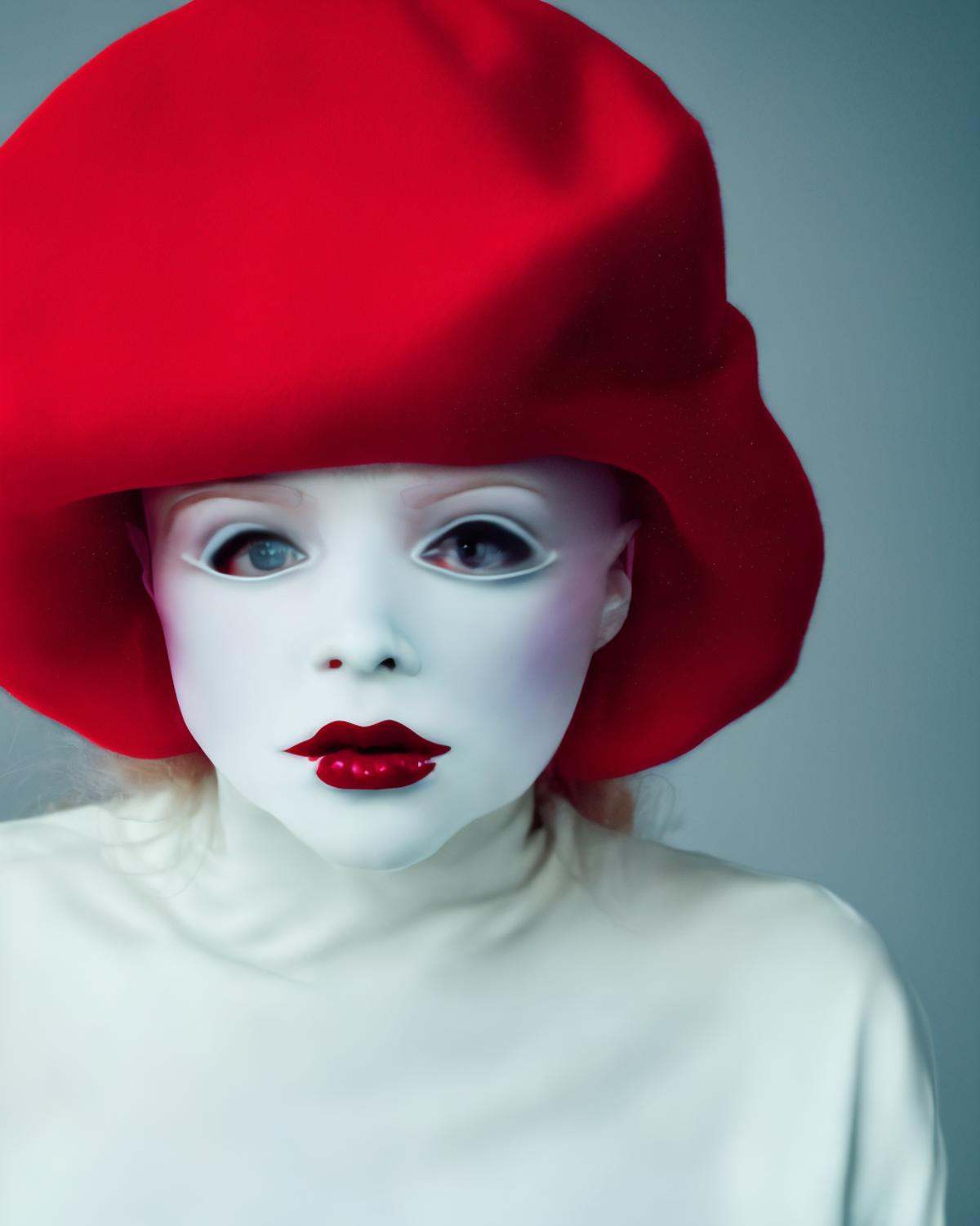 An ethereal albino pop artist in a red sleek futuristic outfit,  with a wool beret,  light makeup with depth of field on T...