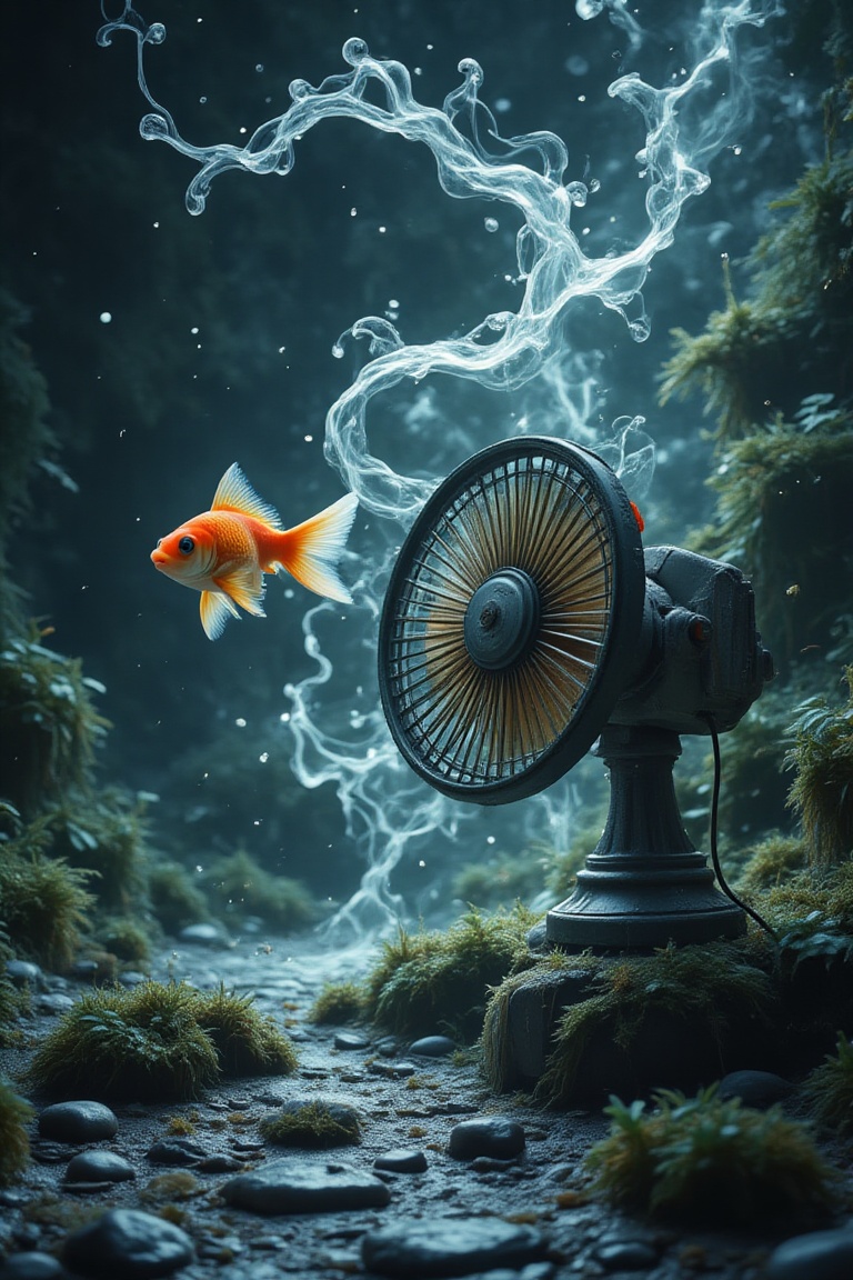 On the right is a fan,  the blades of which rotate at high speed,  creating wind. The wind from the fan creates waves. A g...
