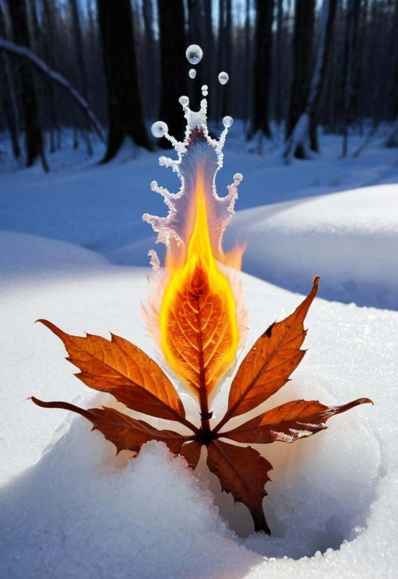 photo of frozen flame,  liquide drops,  snow crystals on Tensor.Art