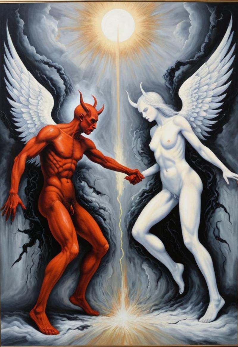 Abstract painting of a battle between angel and devil on Tensor.Art